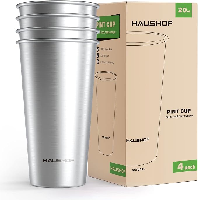 HAUSHOF Stainless Steel Cups, 20oz Stacking Cups, Unbreakable, 4 Pack | 18/8 by HAUSHOF