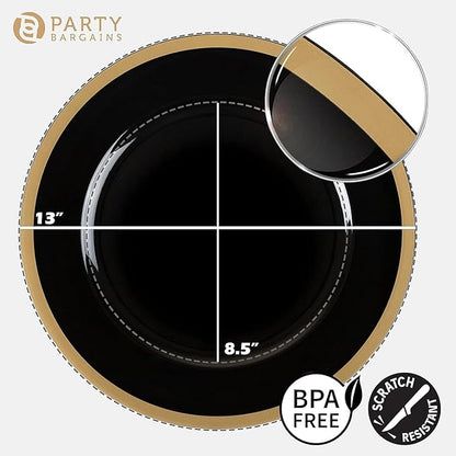 PARTY BARGAINS 13-Inch Charger Plates - 16 Pack, Black Gold Rim, Heavy-Duty Disposable Chargers for Elegant Dining - Ideal for Weddings and Formal Events