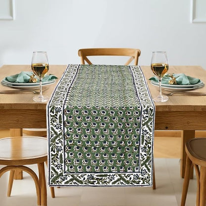 Basil Green Hand Block Print 100% Cotton Table Runner 16x70 Inch | Perfect by Ridhi