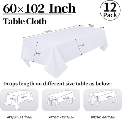 12 Pack White Tablecloth 60 x 102 Inch Rectangular Table Cloth for 6 Foot Rectangle Tables, Wrinkle Resistant Washable Polyester Fabric Table Covers for Wedding Party Banquet Buffet and Camping