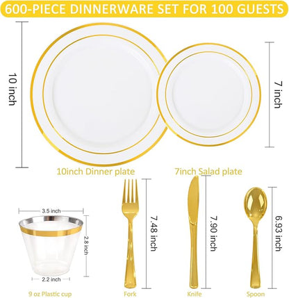 WELLIFE 600 PCS Gold & White Disposable Dinnerware Set for 100 Guests — White Plastic Plates with Gold Rim, Dinner & Salad Plates, Cups, Forks, Knives & Spoons for Weddings & Elegant Events