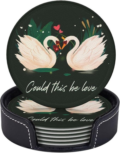 Drink Coasters with Holder Stand Set of 6, Swan Pu Leather Absorbent Coasters by Unknown