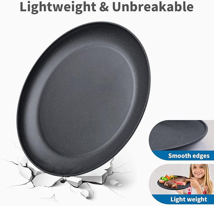 MISS BIG 10 inches Wheat Straw Plates,Plastic Plates Reusable Set of 4,Dinner Plates for Kids&Adults,Dishwasher & Microwave Safe,Eco-Friendly,BPA Free(Black)