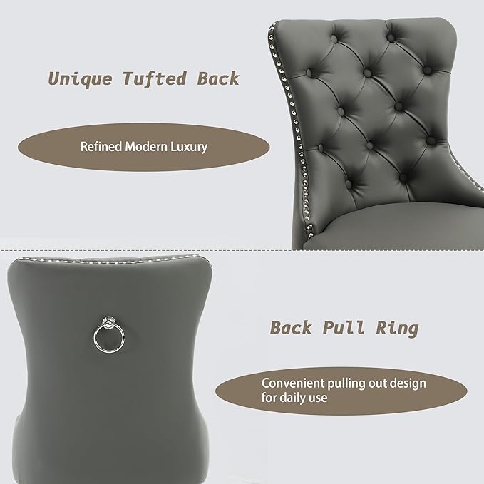 KCC Faux Leather Dining Chairs Set of 2, Upholstered High-end Tufted Dining Room Chair with Nailhead Back Ring Pull Trim Solid Wood Legs, Contemporary Nikki Collection Modern Style for Kitchen, Gray