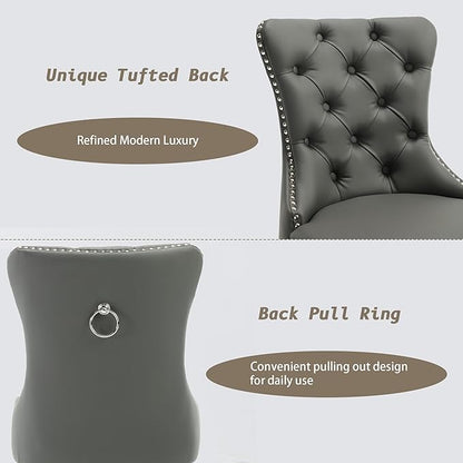 KCC Faux Leather Dining Chairs Set of 4, Upholstered High-end Tufted Dining Room Chair with Nailhead Back Ring Pull Trim Solid Wood Legs, Contemporary Nikki Collection Modern Style for Kitchen, Gray