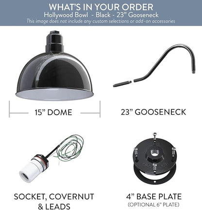 Steel Lighting Co. Hollywood Bowl Light | Outdoor Wall Mounted | 15 inch Bowl Dome | 23 inch Gooseneck | Barn Light Made in America | Black Exterior/White Interior