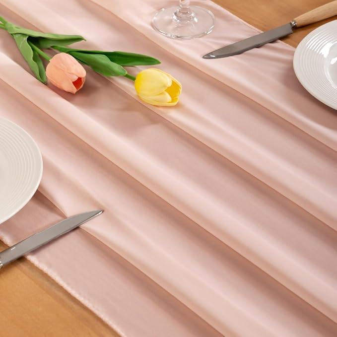 Peach Pink Chiffon Table Runner Summer Boho Wedding Birthday Party Decor | 10ft - Image 2