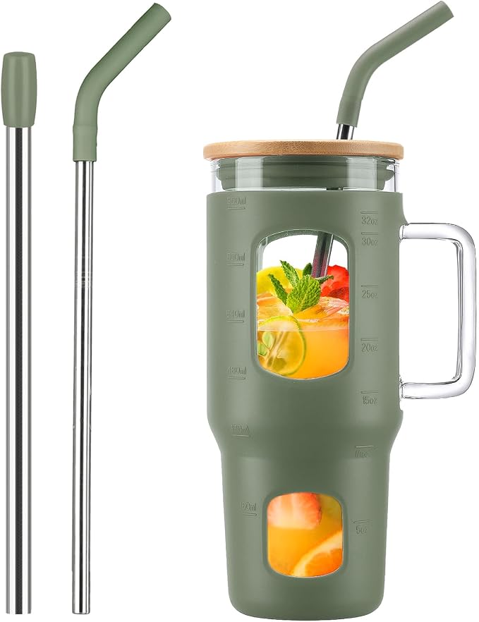 WINSA Glass Tumbler with Lid, 32 oz Glass Cup with Handle, Glass Water Bottles by WINSA