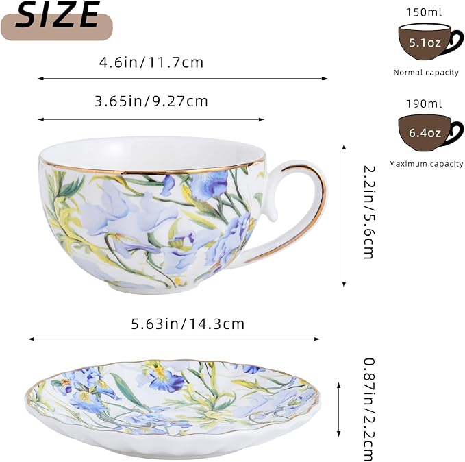 Agyiuns Tea Cup and Saucers, 6.4oz Floral Tea Cups - Image 2