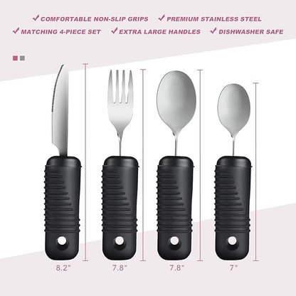 Adaptive Utensils,Easy Grip Silverware,Built Up Bendable Fork,Teaspoon,Tablespoon and Knife for Elderly,Hand Tremors,Arthritis and Parkinson's Patients,4 Piece Set