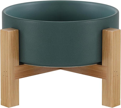 Raised Ceramic Cat Bowl - Cat Food Bowl with Bamboo Stand - Elevated Dog Food Dish for Puppies - Comfort Eating - 13.5 oz - 400 ml - Green