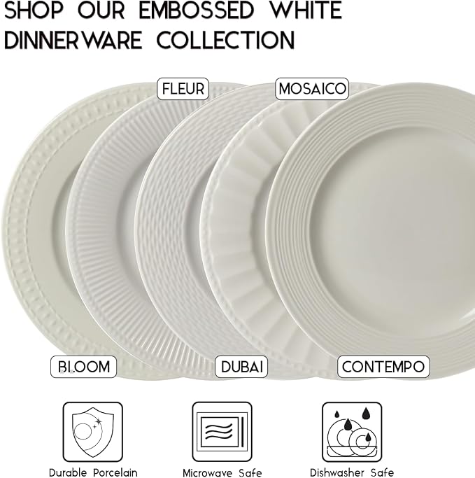 Tabletops Gallery Embossed Bone White Porcelain Round Dinnerware Collection- - Image 5