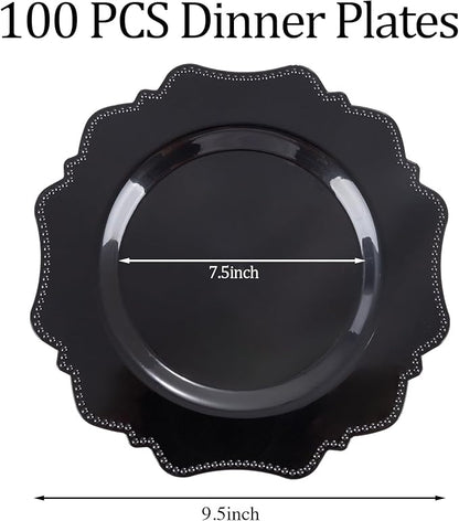 COLOSUS 100pcs Black Plastic Party Dinner Plates - 9.5 Inch- Heavy Duty Disposable Plastic Dinner Plates for Party Wedding and Everyday Use