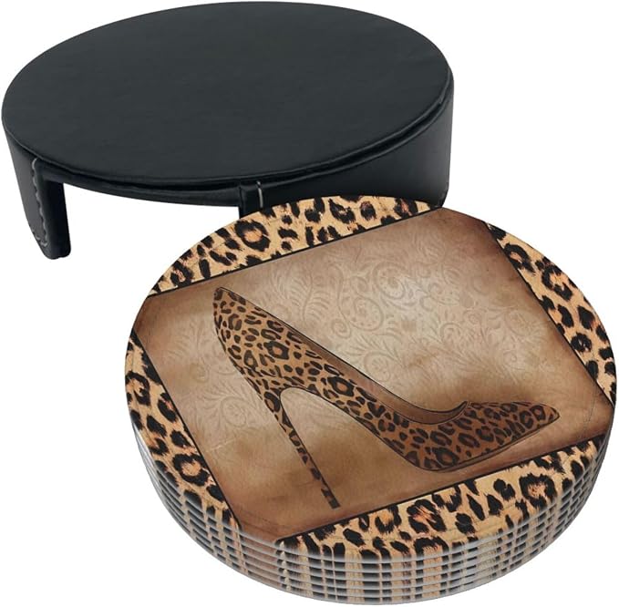 6 Pcs Leopard Print Brown Animal Texture High Heels Leather Coasters - Image 3