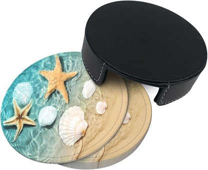6 Pcs Coastal Beach Ocean Leather Coasters - Image 4