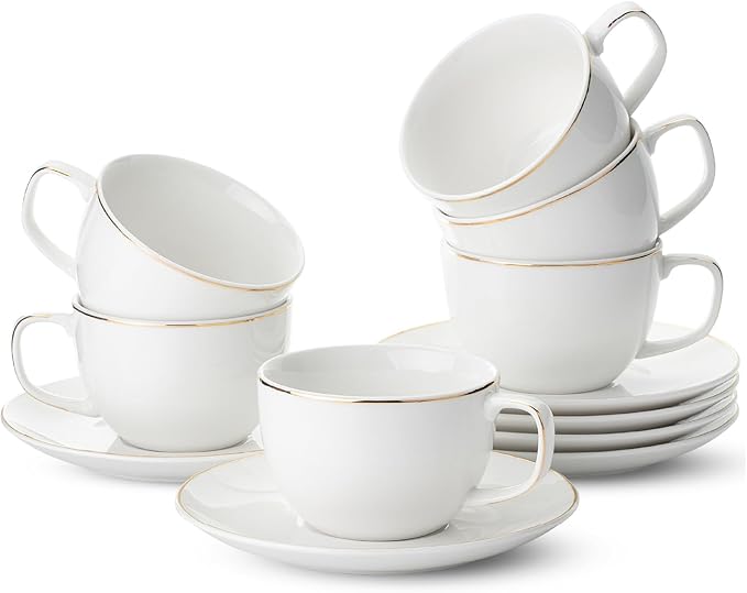 BTaT- Cappuccino Cups with Saucers 7 oz, Dishwasher Safe, Au Lait, Flat White by BrewToATea