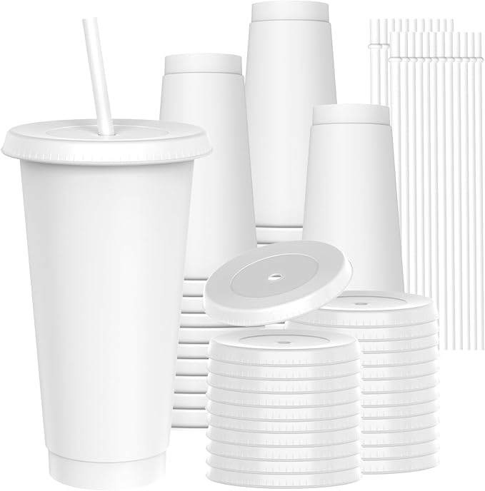 24 oz Plastic Cups With Lids and Straws, Sturdy & Food-Safe Iced Coffee Cups by Unknown
