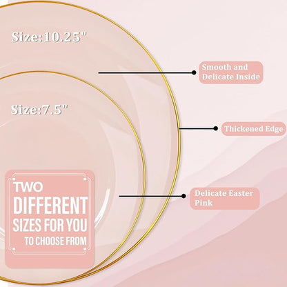 Nervure 100PCS Pink and Gold Plastic Plates - 10.25 inch Pink Disposable Plates with Gold Rim - Party Plate - Dinner Plate Ideal for Wedding & Party