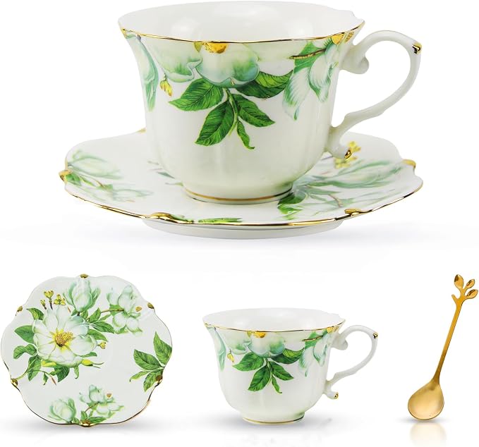 Country Roses Porcelain Tea Cup and Saucer Set by Unknown