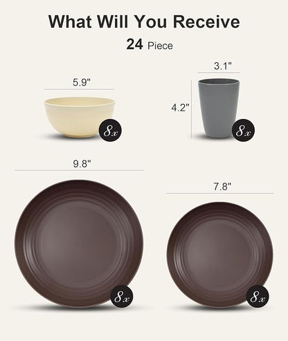 Quatish 24 Piece Plates and Bowls Sets for 6, Unbreakable Dinnerware Sets, Plastic Dish Set for Camping, Dishwasher Microwave Safe, Outdoor Kitchen and Apartment Dinning RV Essentials, Brown
