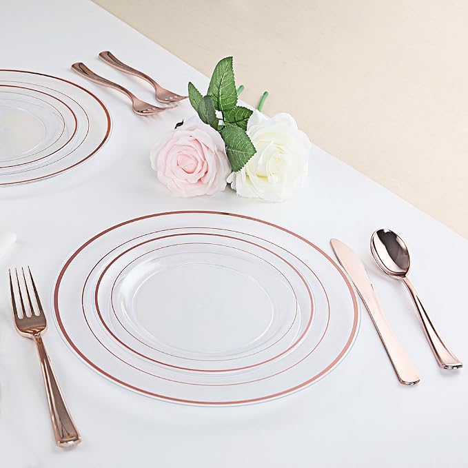 I00000 50 Pcs Rose Gold Plastic Plates, Disposable Party Set Include: 50 Clear - Image 5