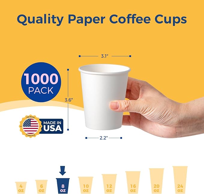 Fit Meal Prep 1000 Pack 8 oz Disposable Paper Coffee Cups, Premium White Hot - Image 2