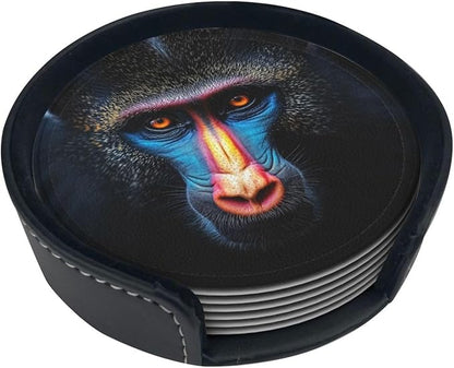 Mandrill face Printed Leather Coasters for Drinks, Set of 6 Drink Coaster Dining Room Decor Cup Coasters