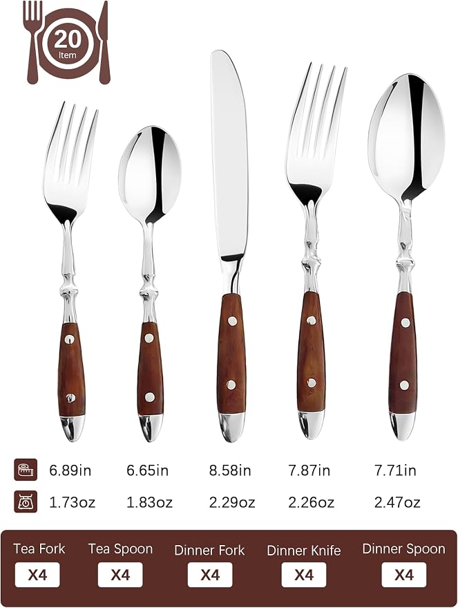 Silverware Set for 4 Classic 20 Piece Flatware Set Elegant 18/10 Stainless - Image 2