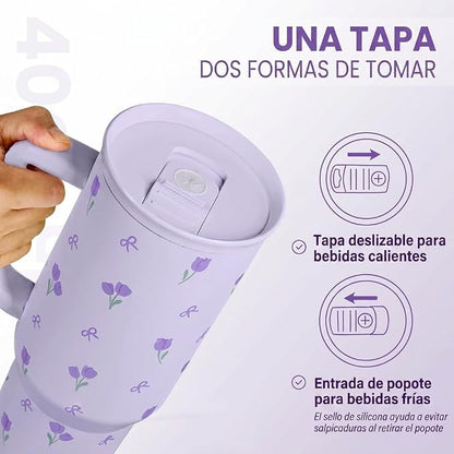 Floral 40oz Tumbler with Handle and Straw – Tulip Insulated Stainless Steel - Image 3