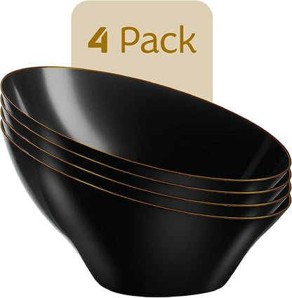 PLASTICPRO Angled Plastic Bowls Disposable Large Plastic Black Serving Bowls with Gold Rim for Party for Appetizer Salads Pack of 4