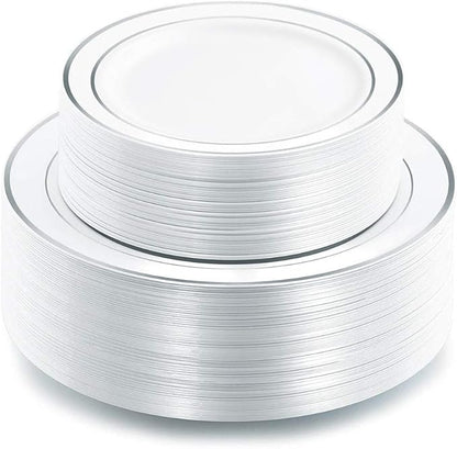I00000 102pcs Silver Plastic Plates, Disposable Plastic Party Plates with White Silver Rim Fancy Wedding Party Plates Include 51 Dinner Plates 10.25" and 51 Dessert Appetizer Plates 7.5"