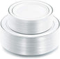 I00000 102pcs Silver Plastic Plates, Disposable Plastic Party Plates with White Silver Rim Fancy Wedding Party Plates Include 51 Dinner Plates 10.25" and 51 Dessert Appetizer Plates 7.5"