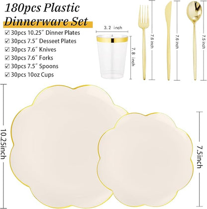 EI 180pcs Beige Plastic Plates with Gold Plastic Silverware,Heavy-Duty Disposable Plates for Party,Beige Dinnerware Set for 30 Guest Wedding,Afternoon Tea,Spring,Mother's Day,Valentine's Day,Easter