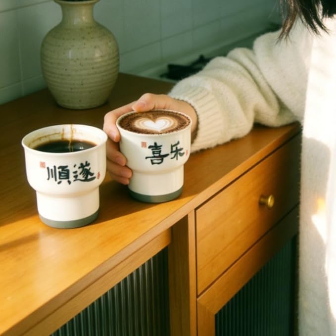 Ceramic Espresso Cups Set of 2, 3.52 OZ Handleless Demitasse Cups, Stackable - Image 9
