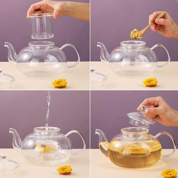 Kyraton Glass Tea Pot with 4 Tea Cups, Removable Infuser, Blooming and Loose - Image 6