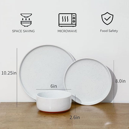GZG Modern Art Series - 12 Pcs Speckled Stoneware Plates and Bowls Sets, Ceramic Dinnerware Set with Rustic Terracotta Underside, Microwave and Dishwasher Safe Handcrafted Dishes Set - Porcelain White