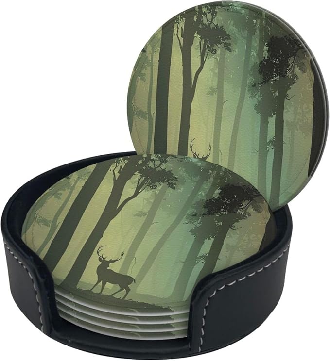 6 Pcs Deciduous Forest Bird Deer Leather Coasters - Image 3