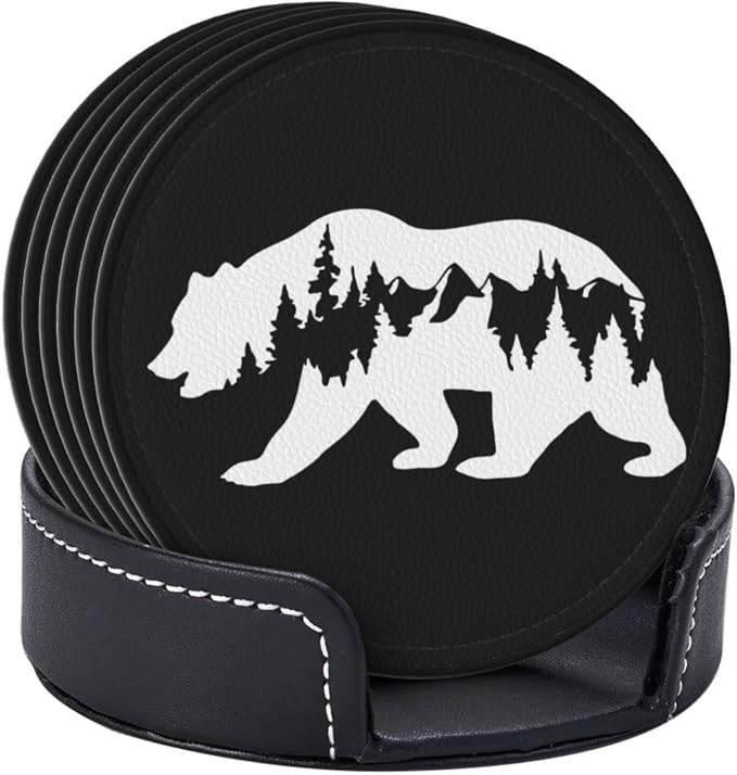6 Pcs Hiking Bear Mountains Camper Leather Coasters - Image 3