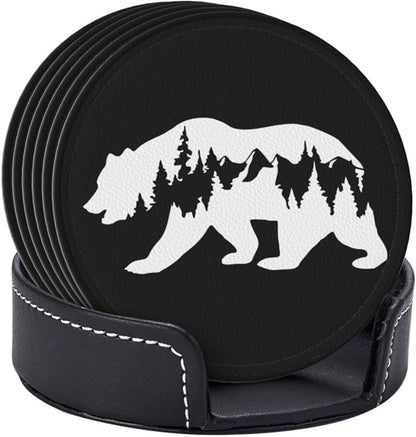 6 Pcs Hiking Bear Mountains Camper Leather Coasters - Image 3