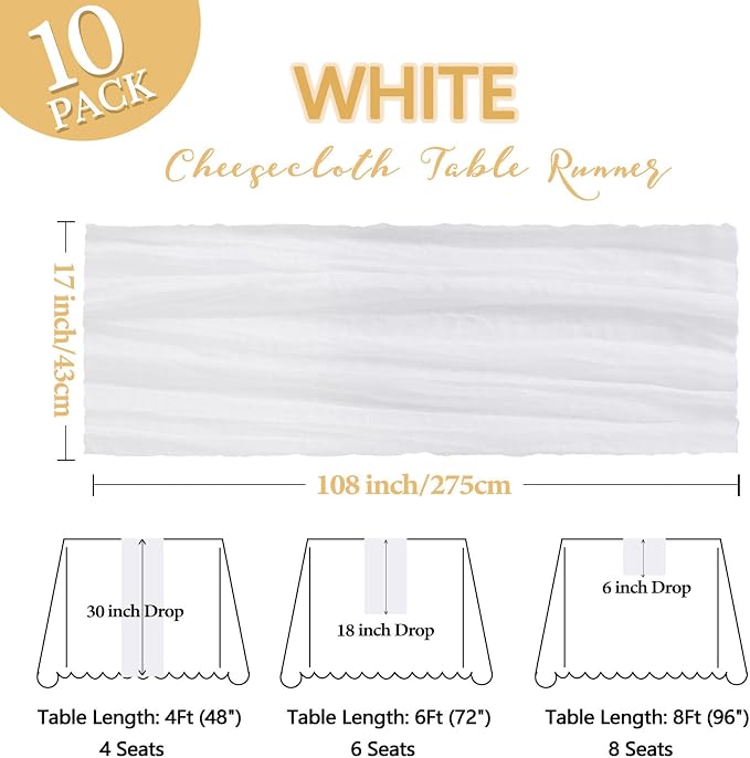 10 Pack 17 x 108 Inch White Table Runner Cheesecloth | Gauze Cheese Cloth - Image 2