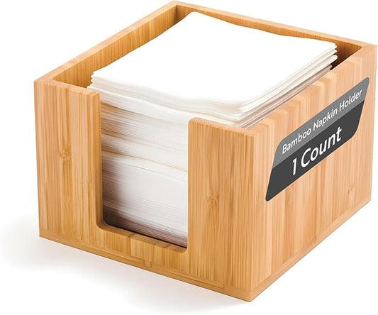 5.5 x 4 Inch Cocktail Napkin Holder, 1 Square Flat Napkin Holder - For Bars, Kitchen Tables, or Countertops, Sturdy, Natural Bamboo Tissue Napkin Holder, Dining Room Decor - Restaurantware