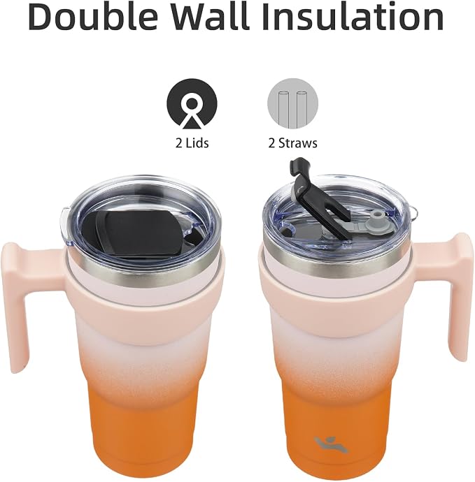 Konokyo 20 oz Tumbler with Handle and Straw, Insulated Travel Mug | Coral; - Image 3