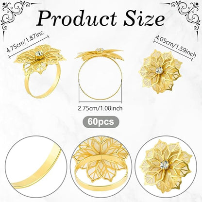 60Pcs Flower Napkin Ring, Hollow Out Floral Napkin Holder Table Ring Buckle Dining Table Setting for Party Wedding Banquet Christmas Family Gatherings Gather Prom Table Decoration (Gold)
