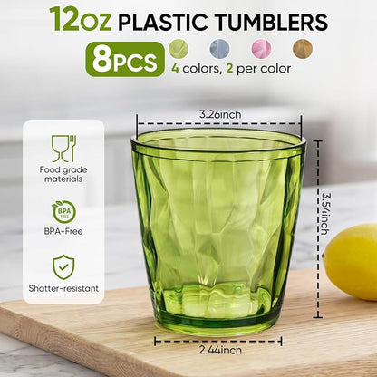 KISEER 8 Pack 12oz Plastic Colors Reusable Drinking Glasses Tumblers - Image 2