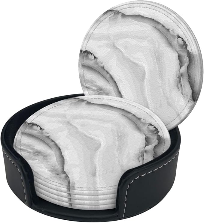6 Pcs Simple Crystal White Gray Marble Leather Coasters - Image 3