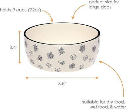 Pearhead Ceramic Dog Bowl, Holds 9 Cups, Dog Faces Pattern Stoneware Food and Water Dish, Microwave and Dishwasher Safe, XL (Pack of 6)