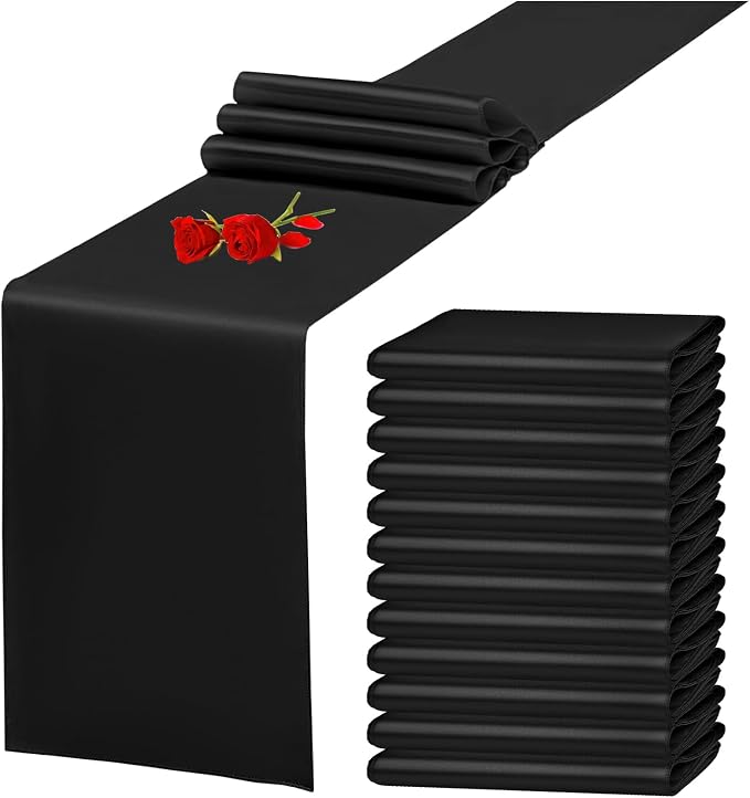 12 Pack Black Satin Table Runner 12 x 108 Inch Long Premium Table Runners by YMHPRIDE