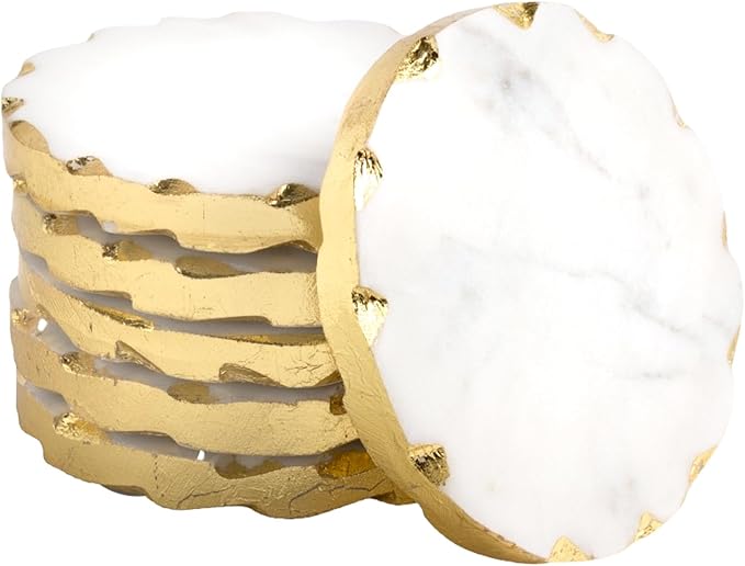 Set of 6 Real Marble Coasters with Golden Borders, decoratice White & Gold Coasters for Desk, Coffee Table | Thick & Heavy Aesthetic Coaster Set, 4 inch Dia (Gold)