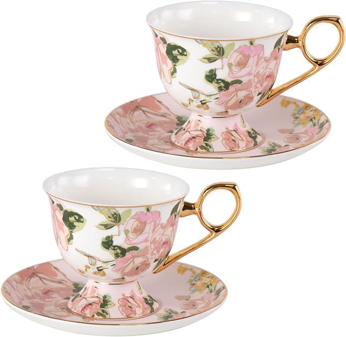 KAMMAK Tea Cups and Saucers Set of 2, Fine Bone China Coffee Cups, NX025 | by KAMMAK