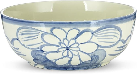 LemonRoad Large Blue and White Bowl Hand Painted Stoneware Decorative Bowls 16" x 7.7'' Floral Chinoiserie Ceramic Planter XL Pottery Porcelain Rice Bowl for Cereal Fruit Serving Kitchen Centerpiece